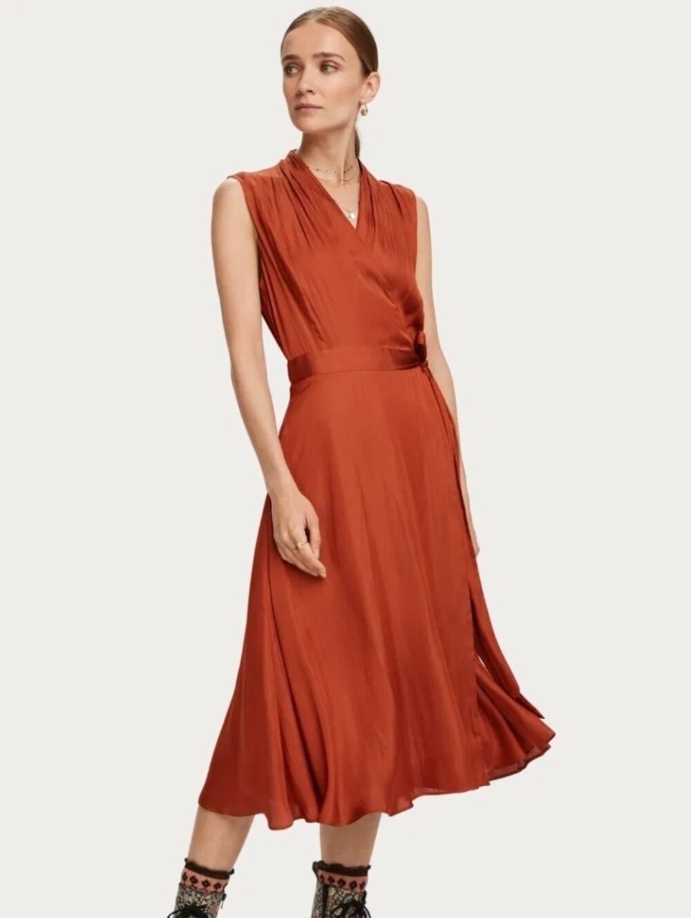Scotch & Soda Silky Sleeveless Midi Wrap Dress Copper Rust Satin Size Xs